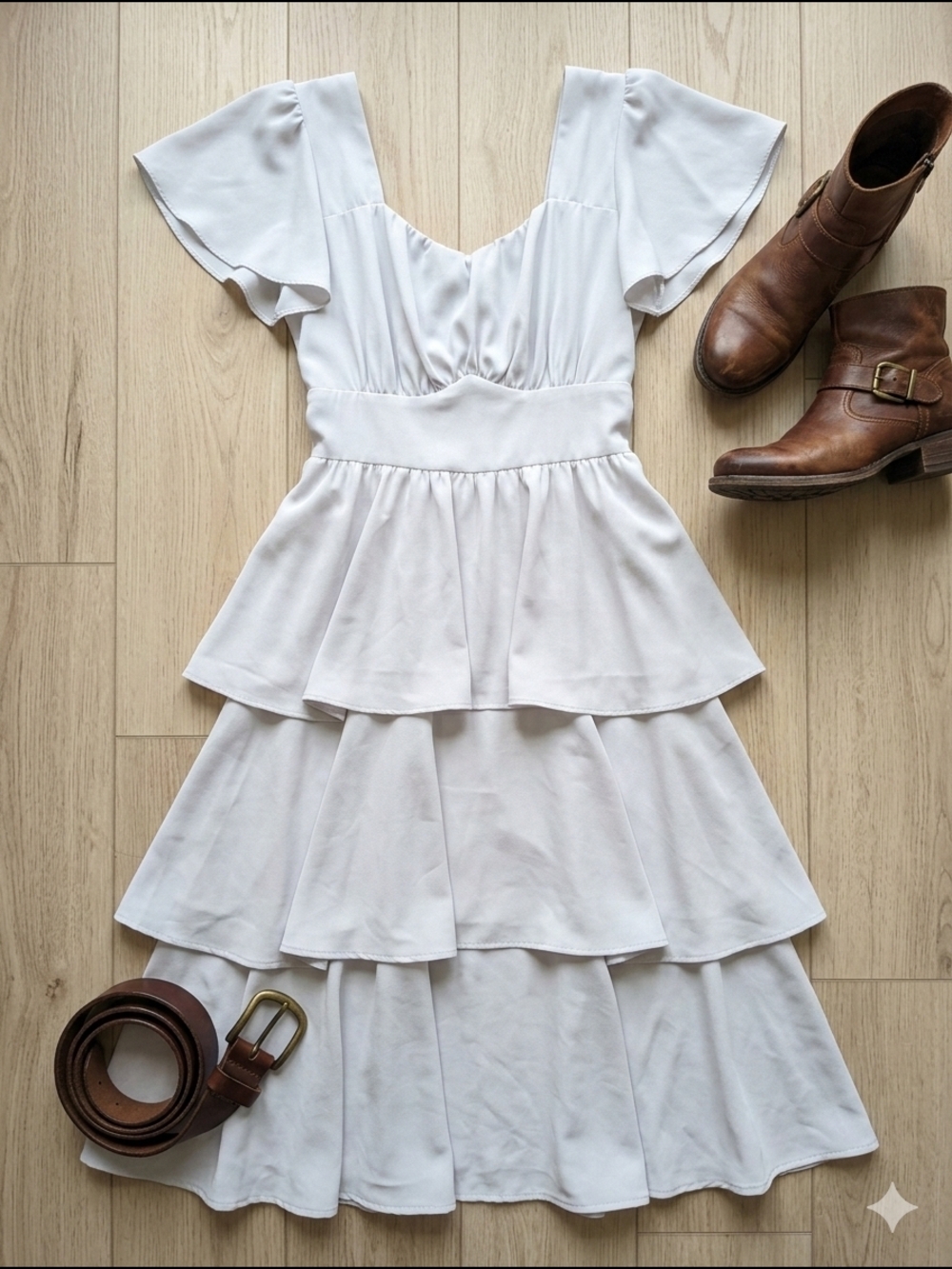 NWOT White Tiered Flutter-Sleeve Dress Size Small
